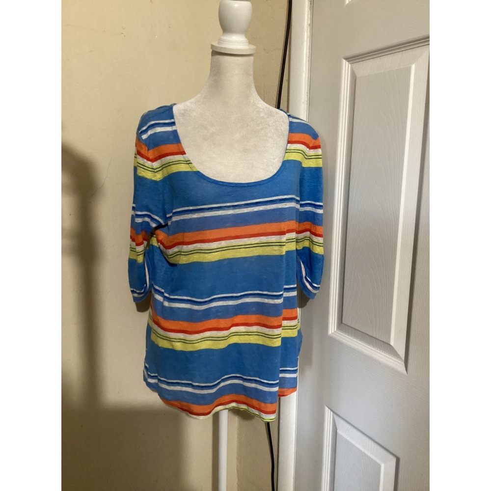 Lauren Ralph Lauren Womens Linen Striped Scoop Neck 3/4 Sleeve Top Blue Orange M